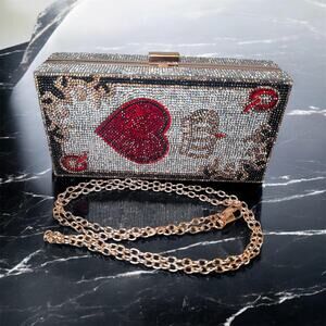 Rhinestone Evening Clutch Heart Card Design Crystal Purse w/ Chain Strap